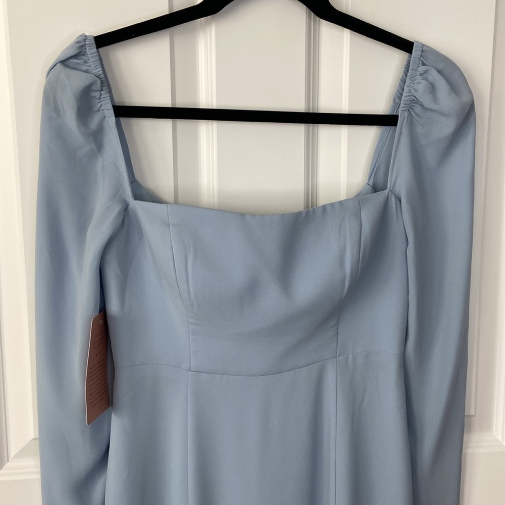 BHDN Long Sleeved Cocktail Dress, Blue‎ / Grey, Sheer Sleeves, NWT, size 2 - Picture 2 of 10
